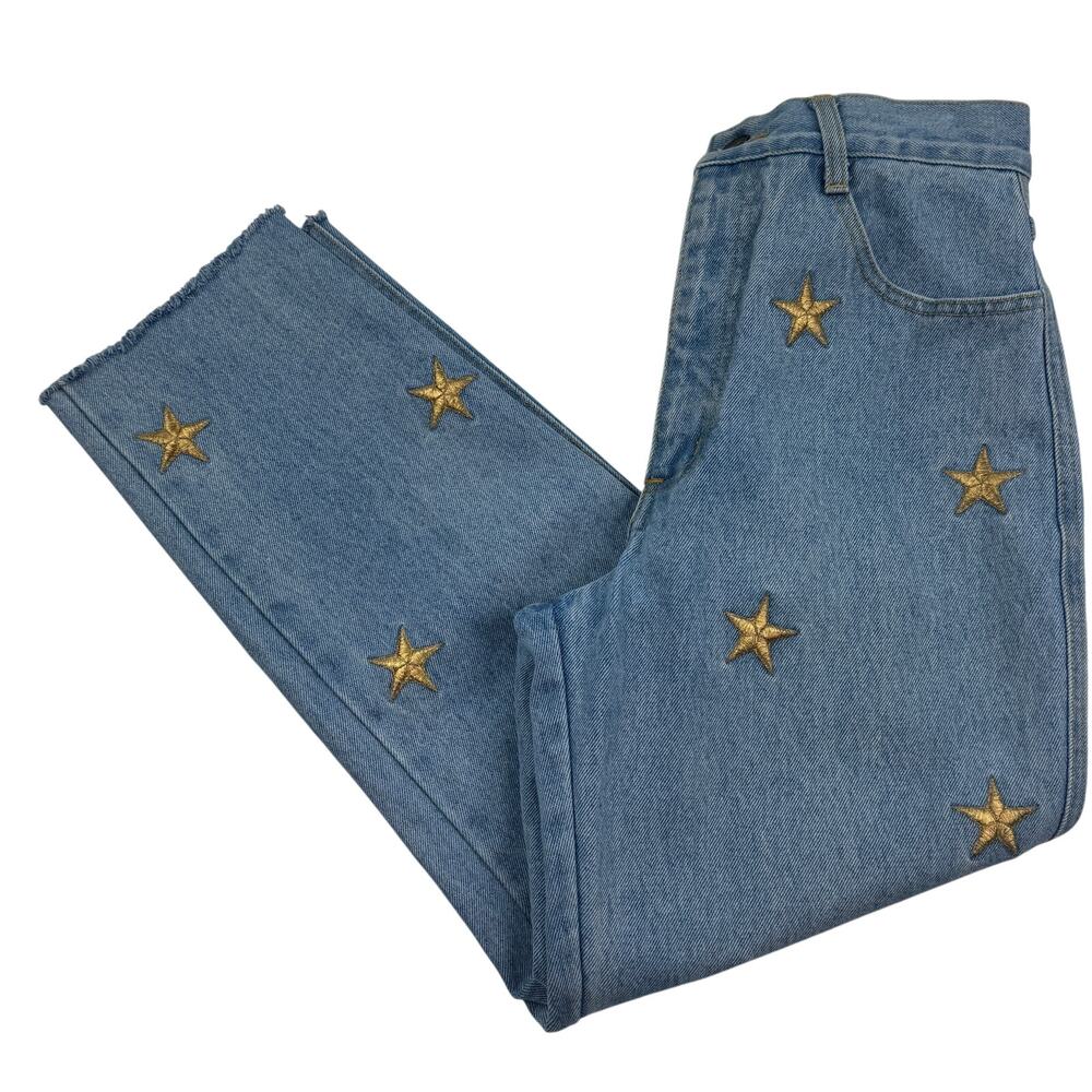 The La Costa Spa Gold Embroidered Star Embellished Hi Rise Jeans Women's Size 8